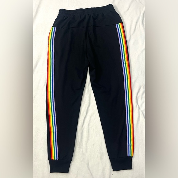 Pants - Black Joggers Cotton Blend Drawstring Sweatpants with Rainbow Stripes